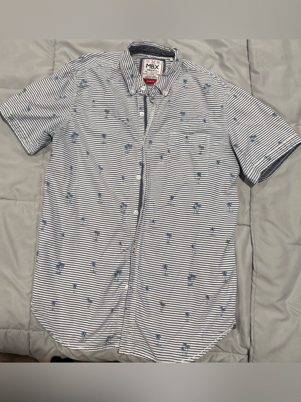 MBX Short-Sleeve Striped Palm-Print Button-Down Shirt - White/Blue